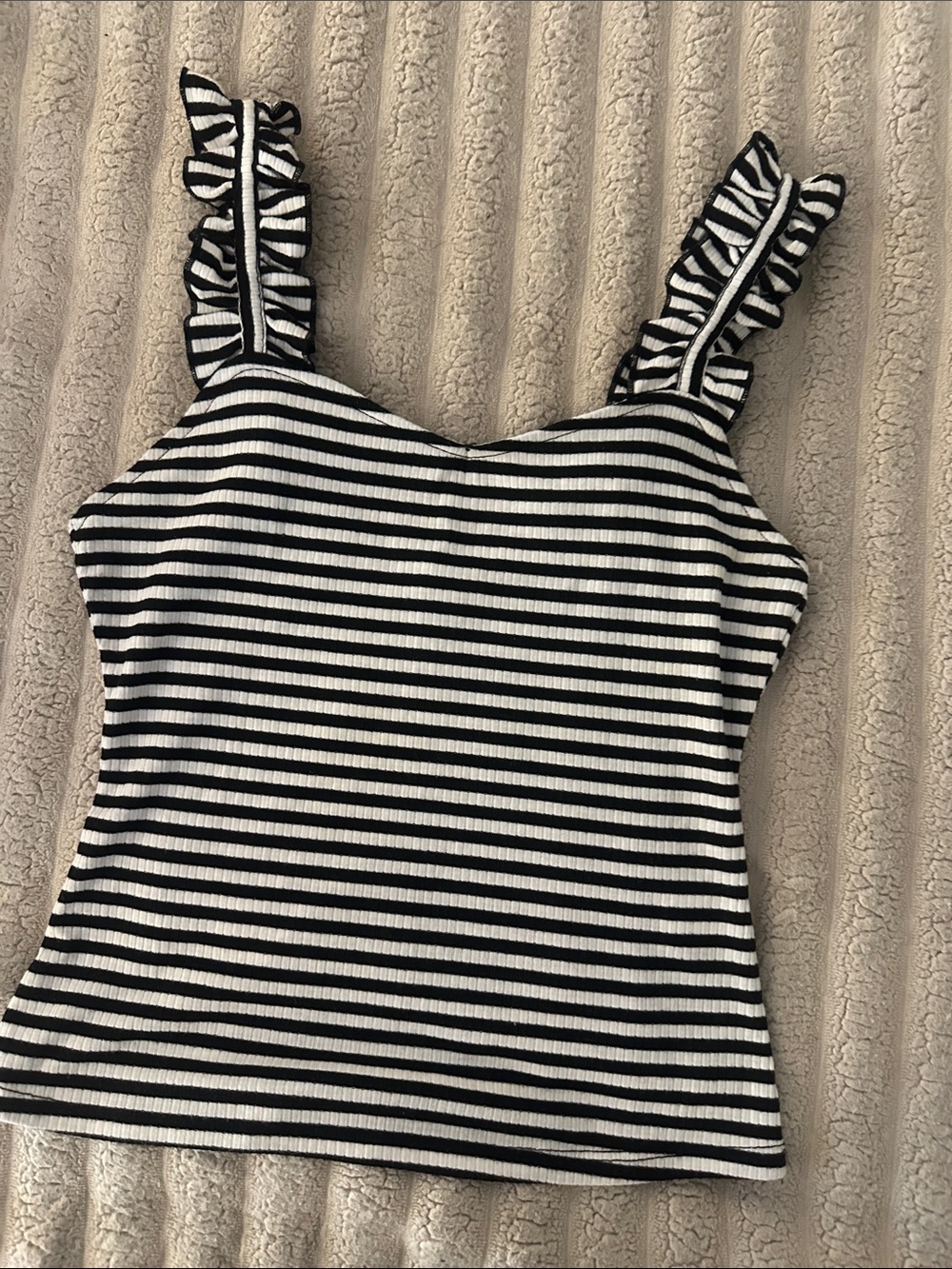 Love Fire Black & White Striped Ruffle Strap Tank